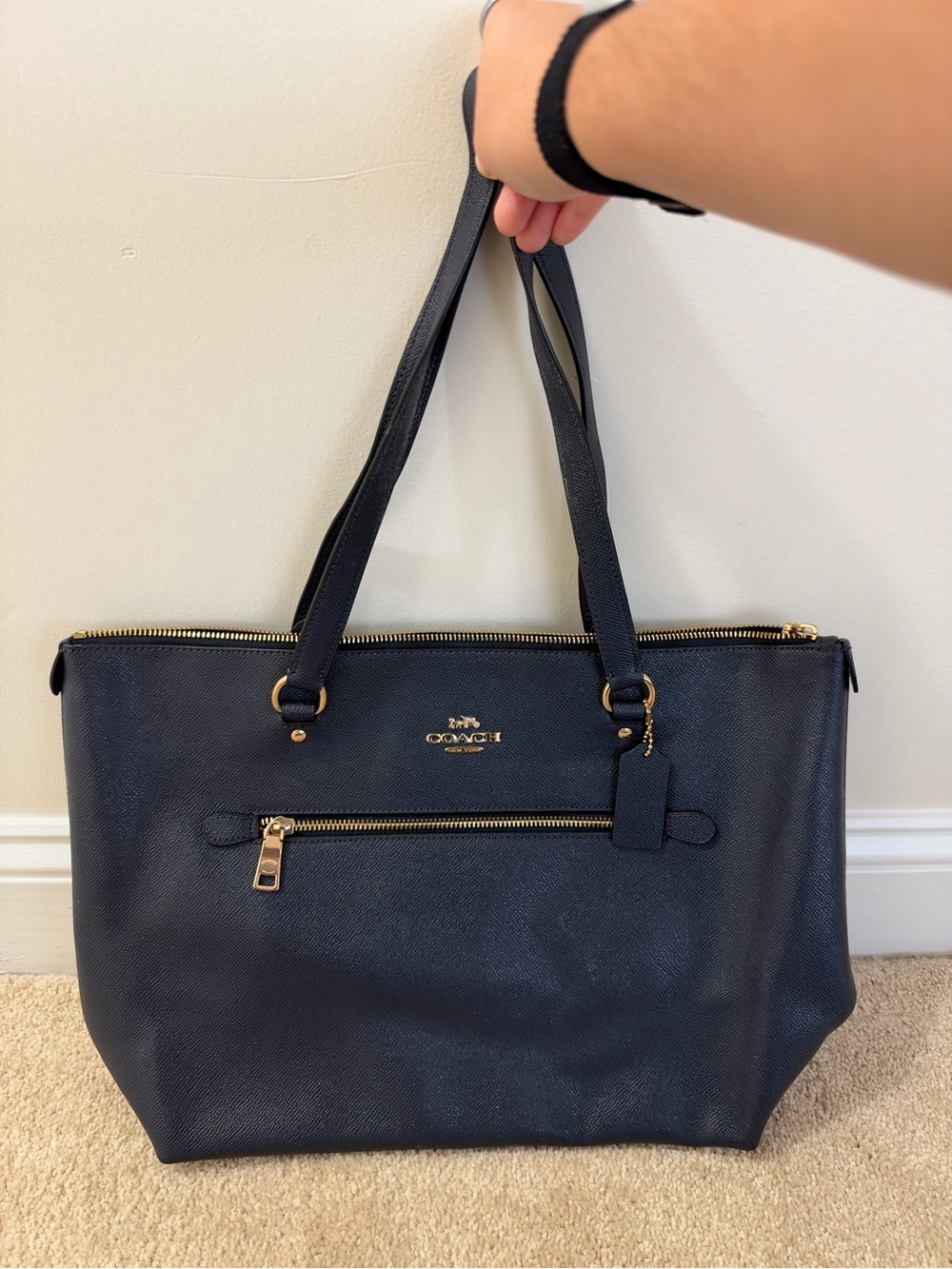Coach Navy Leather Zip Tote with Gold Hardware